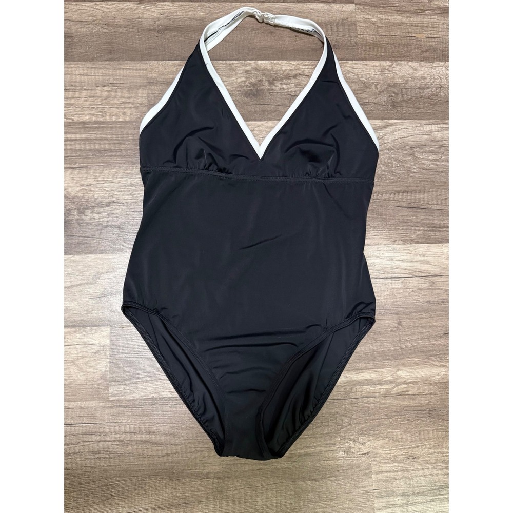 Black White Halter One Piece Swimsuit V-Neck Monokini Small Medium